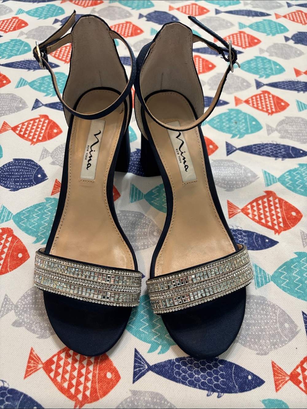 Nina Navy Crystal-Strap Block Heel Sandals 7